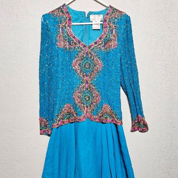 Adrianne Papell Turquoise Silk Pink & Gold Lavishly Beaded VTG 90s Evening Dress - Picture 1 of 12